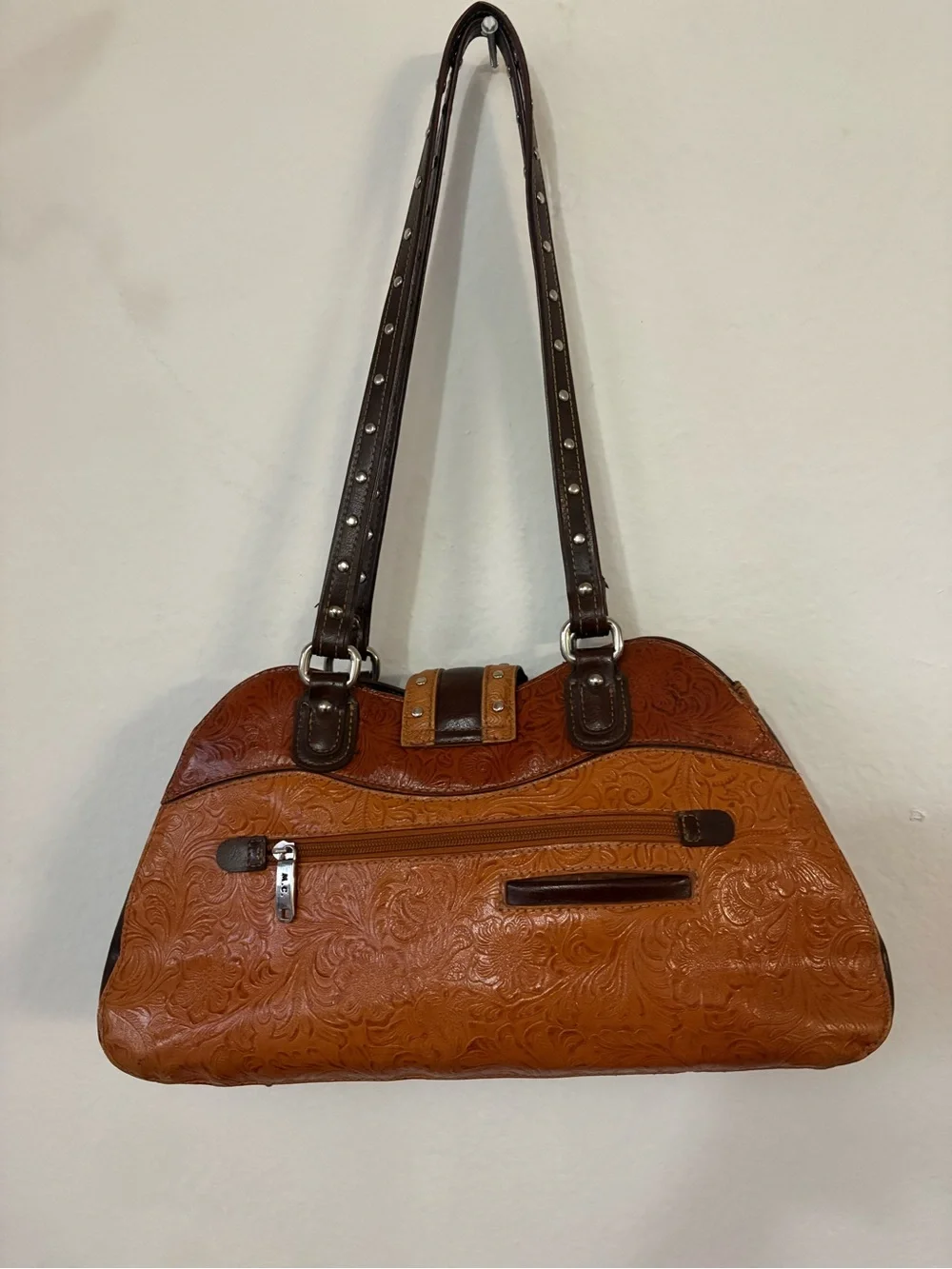 MC Marc Chantal Brown Leather Embossed Floral Purse Shoulder Bag Silver Western